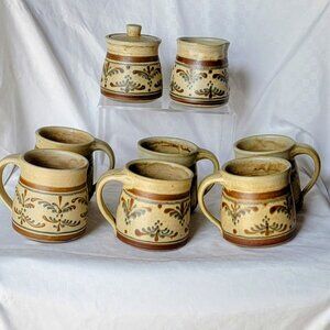 Vintage Mark Nafziger Handmade Stoneware Coffee Set of 6 with creamer & Sugar